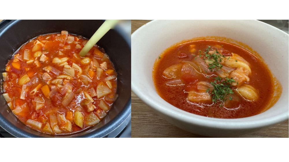 アイリスオーヤマの電気圧力鍋で作った野菜たっぷりミネストローネと器に盛り付けたトマトスープ