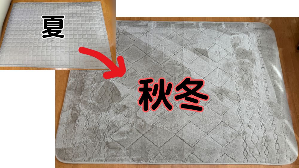 夏用Nクールラグから冬用Nウォームラグへ変更したリビングの様子。