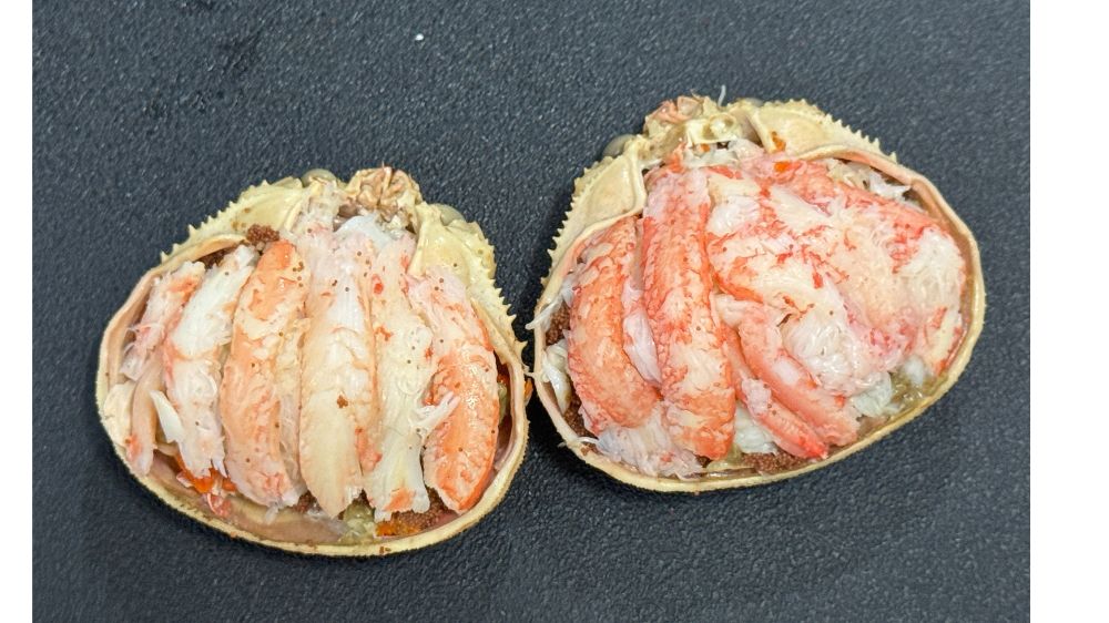 香箱ガニの甲羅盛り。カニ足の身をきれいに取り出して甲羅に盛り付けた様子