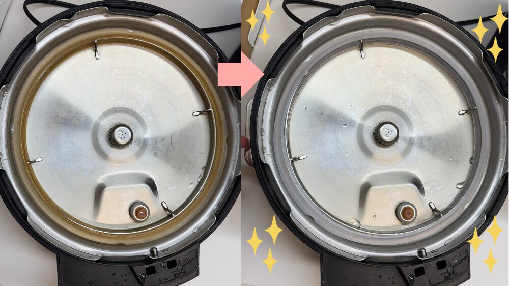 アイリスオーヤマ電気圧力鍋のパッキン交換ビフォーアフター比較。左：1年半使用した茶色く変色したパッキン、右：新品のパッキンに交換後