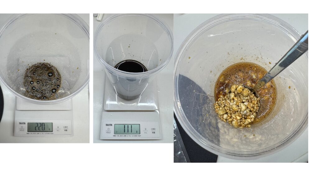 醤油220g・水110gをしっかり計量します。スケールがあると失敗なし👍 よく混ぜてヨーグルトメーカーの容器へ。