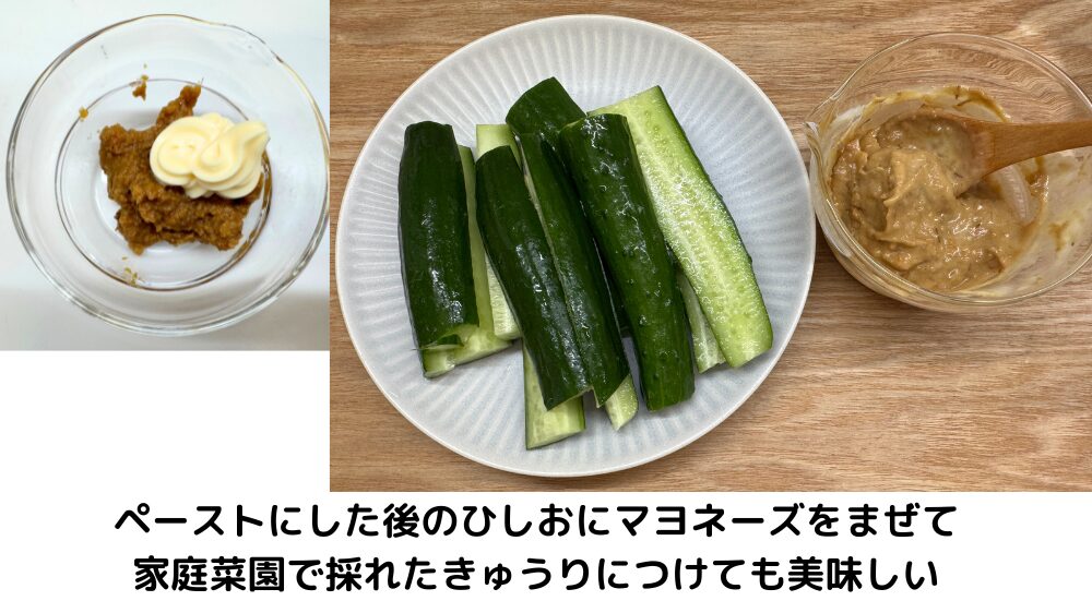 ペーストにしたひしおにマヨネーズを混ぜて、家庭菜園で採れたきゅうりにつけると絶品！シンプルなのに箸が止まりません🥒