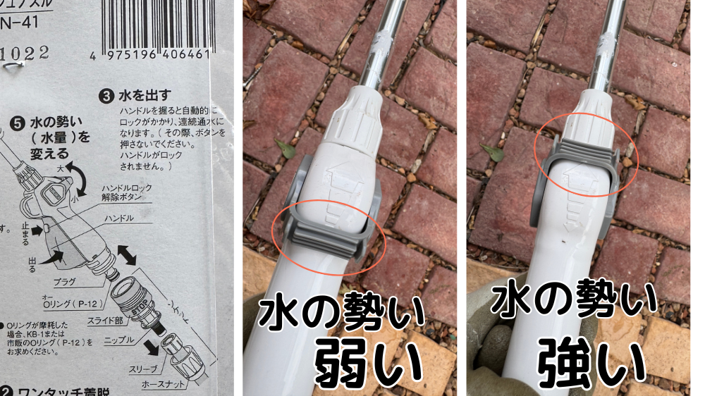 水の強い、弱いのレバーを比較している様子