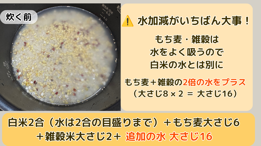 炊く前のもち麦・雑穀ご飯。白米2合にもち麦大さじ6、雑穀米大さじ2、追加の水大さじ16